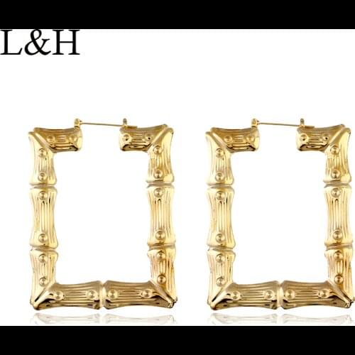 2018 Punk Style Gold Silver Bamboo Patterned Hoop Earrings Big Square Hip-Hop Earrings For Women Statement Jewelry Brincos