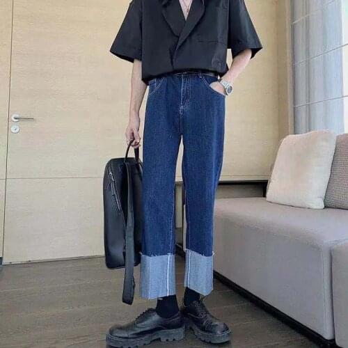 2021 Mens Fashion Trend Deep Blue Wash Jeans Loose Streetwear Casual Pants Slim Fit Straight Pants Grey Color Trousers M-2XL