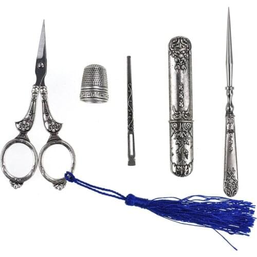 5pcs Vintage Silver Stainless Stee Embroidery Sewing Scissors Gift Thimble Needle Case Awl Tailors Scissors DIY Sewing Tools