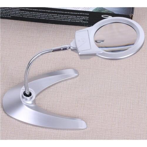 85mm Desk Metal Hose Illuminated Magnifying glass multi-function with 2 LED fresnel lens Reading magnifier table lamp 2X 6X