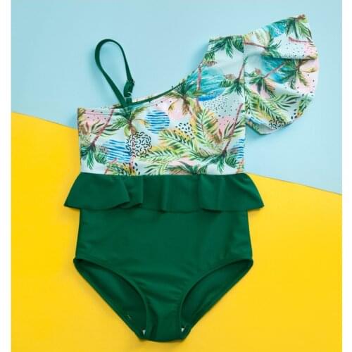 2021Childrens Swimsuit Girls' Swimwear Printed Slanted Shoulder Quick-drying Hot Spring One-piece Swimsuit For 2-7years TB029