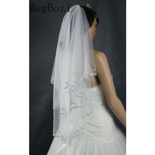 Women Bridal Veil Velos De Novia White/Ivory Tulle Short Wedding Veil With Combe Sequin Beaded 2 Layers