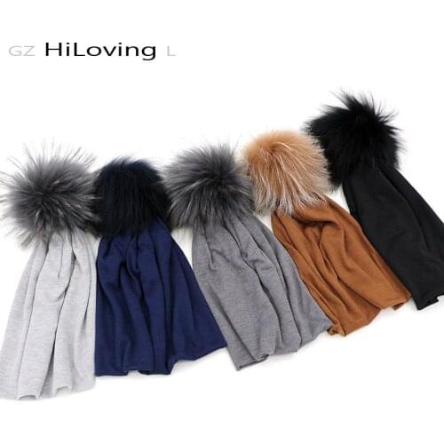 GZHilovingL INS Hot Winter Slouch Beanies With Fur Pompom Hats Women Soft Cotton Spring Autumn Solid Color Fur Ball Beanies Cap