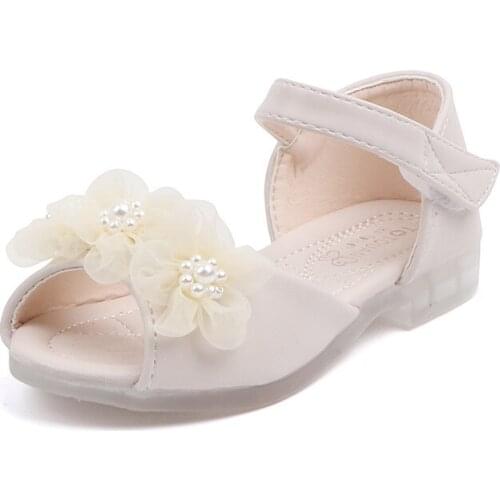 Summer Little Childrens Flowers With Pearls Open Toe Half Sandals Casual Soft Girls Shallow Lace Flats Kids Toddler Baby Shoes