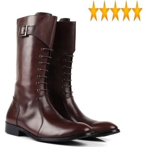 Lace 2021 Mens New Winter Up Military Real Leather Motor Riding Safety Shoes Block Heels Buckle High Top Biker Boots