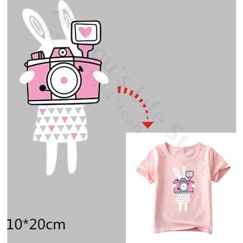 Rabbit Camera Stickers for Girl Clothing Transfer Thermal Press Pyrography Paper iron On Washable T-shirt Sweater Fleece Patches