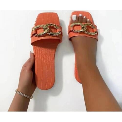 2021 New Summer Flat Sandals Open Toe Slippers Fashion Chain Womens Shoes Outdoor Leisure Plus Size 43