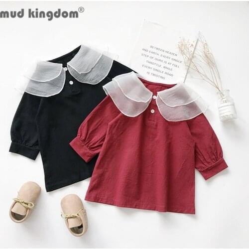Mudkingdom Girls Solid Dress Mesh Turn-down Collar Button Long Puff Sleeve A-line Dresses for Toddler Autumn Fashion Clothes