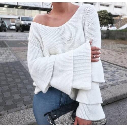 V Neck Solid Loose Batwing Sleeve knitted sweater Women ruffles pullovers knitwear Casual Autumn winter sweater femme