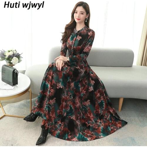 4XL Plus Size Vintage Knit Cotton Long Sleeve Print Midi Dress 2021 Autumn Winter Casual Dress Elegant Women Party Maxi Vestido