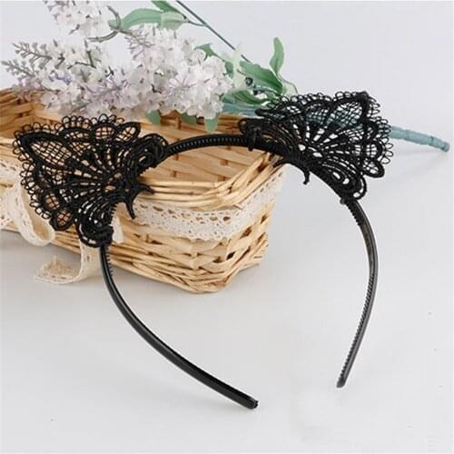 Women Hair elastic headbands Fashion Black Lace Cat Ears Headband Wedding Photography Portrait Style Hair Hoop hair accessories