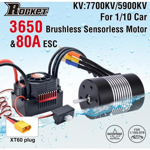 Rocket 3650 Waterproof Brushless Sensorless Motor 7700KV with 80A Brushless ESC Combo Set for 1/10 Tamiya RC Car