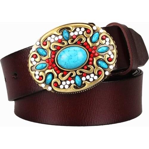 Fashion womens Genuine leather belt mosaic gem turquoise belts metal buckle arabesque pattern retro woman decorative belt gift