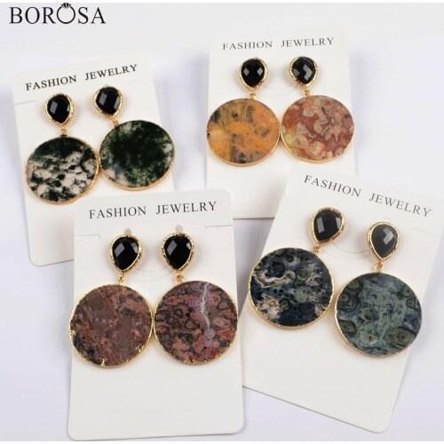 BOROSA 5Pairs Gold Plated 30mm Round Natural Jaspers Dangle Earrings Mixed Colors Gems Stone Women Earrings Gifts Gifts WX1175