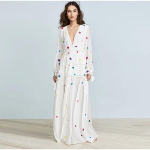 Boho Stars Embroidered Maxi Dress for Summer Vacation Beach Dress Women Vintage Deep V Sexy Buttons Cardigan A-line Long Dresses