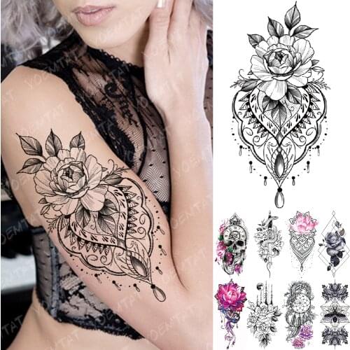 Waterproof Temporary Tattoo Sticker Lace Rose Flowers Lotus Flash Tattoos Wolf Moon Snake Body Art Arm Fake Sleeve Tatoo Women