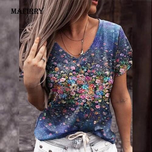 Casual Women V Neck Short Sleeve Streetwear Tops Summer Floral Print Loose Large Size 5XL Blouse Female Colorful Outdoor Shirt