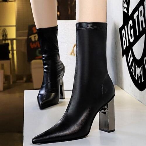 BIGTREE Shoes Autumn Boots Shoes Leather Boots Pointed Toe Women Ankle Boots High Heels Metal Heel Women Boots Ladies Shoes 2022