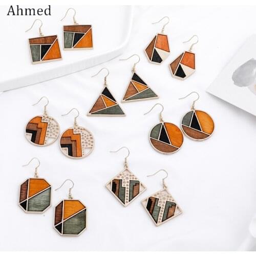 Ahmed Original Creative Minimalist Geometric Contrast Color Wood Pendant Earrings for Women Fashion Drop Dangle Jewelry Gifts