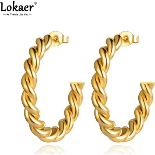 Lokaer 14K Gold Stainless Steel Twisted Winding Geometric Hoop Earrings Trendy Bohemia Office Earrings For Women Серьги E21036