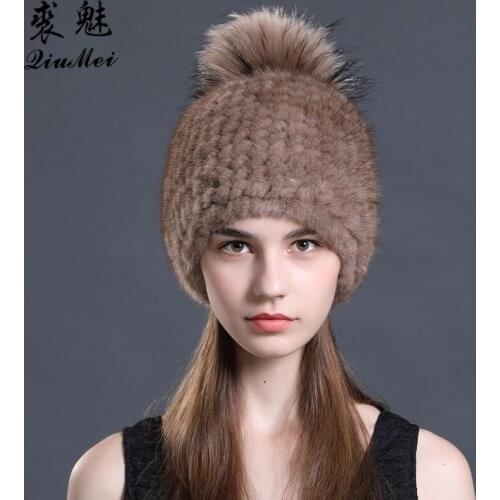 Womens Winter Hats Real Fur Hats with Raccoon Pompom 2018 New Girls Beanies Caps Ladies Solid Knitted Genuine Mink Hat Female