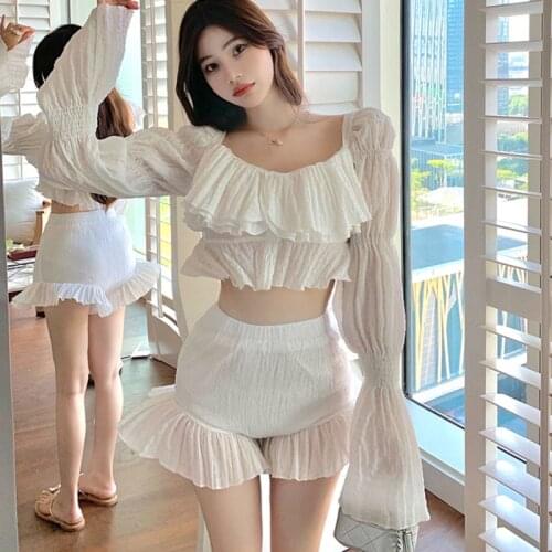Sweet 2 Piece Set Women Crop Top Super-Short Shirts Blouse + Elastic Waist Shorts Sets Fashion Pant Suits Sexy Two Piece Set