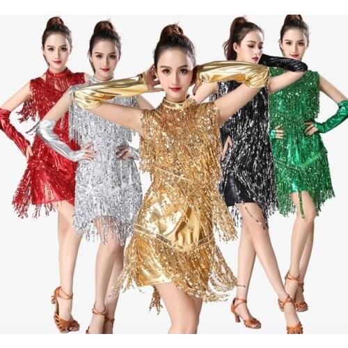 Women Adult Latin Dance Dress Cha Cha Tango Sequin Tassel Shiny Stage Ballroom Costume International Performance Costume 909-504