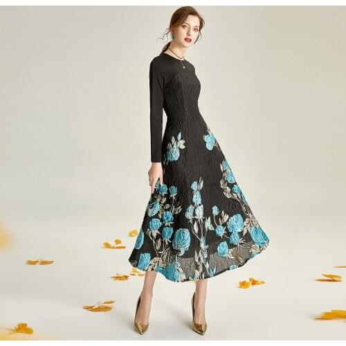 2021 Spring England Style Jacquard Dress Black Brocade Dress Women Long Sleeve Party Evening Clothing Mid-Calf Ball Gown