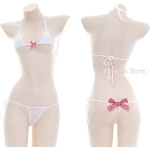 White Mini Ice Silk Cute Bow Bikini Set Pajamas Sexy Lolita Bandage Bra & Panties Set Japanese Soft Girl Cosplay Lingerie Set