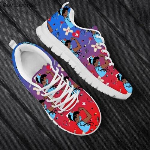 ELVISWORDS Nursing Sneaker Cute Cartoon Gradient Nurse Madical Brand Design Mesh Lace Up Flat Women Footwear Light Zapatos Mujer
