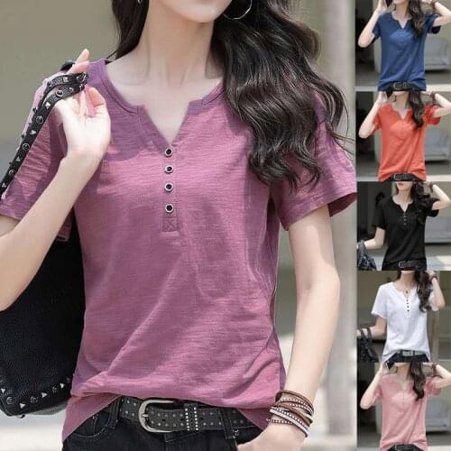 2020 Summer Top Shirts V-neck T Shirt Women Short Sleeve Casual Loose tshirts Solid Color T-Shirt Plus Size Cotton Tee Shirt