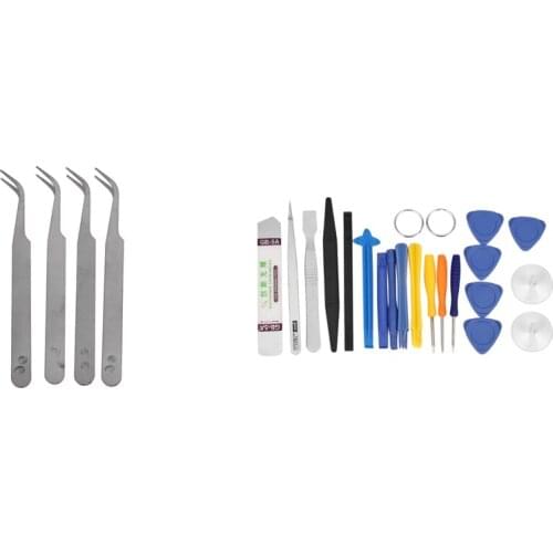 Hot XD-4 Pcs Silver Tone 5 Inch Length Metal Bent Tip Tweezers with 20 in 1 Mobile Phone Repair Tools Kit Screwdriver Set