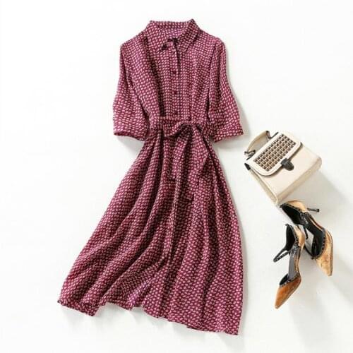 And American womens European wear 2021 summer new style Five-point sleeve lapel print lace-up Fashion 100% silk dresses