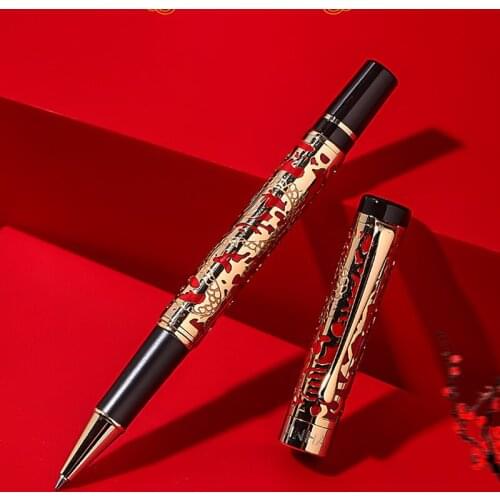 JINHAO 5000 Vintage Luxury Metal Calligraphy Rollerball Pen Beautiful Dragon Texture Carving, Golden & Red Office Gel Pens