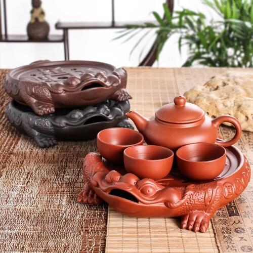Yixing Chinese Tea Tray Purple Sand Tea Sea Pot Golden Toad Lucky Pig and Cow Turn Qiankun Tea Set Dry Bubble Tray Water Storage
