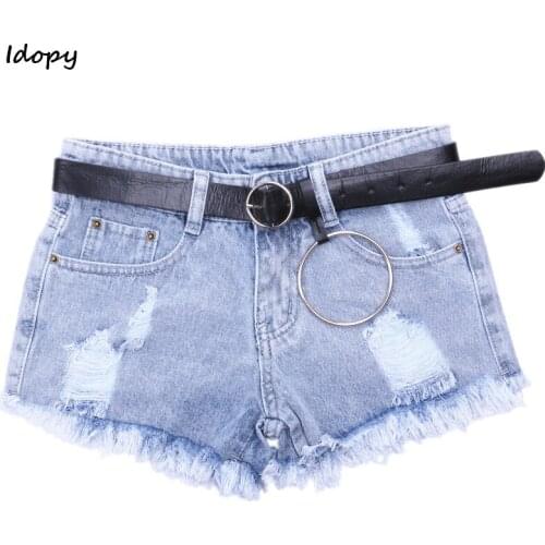 Idopy Summer 2018 Womens Vintage A Line Denim Shorts Ripped Jeans Shorts Slim Fit Tassel With Belt Jeans Shorts For Girl