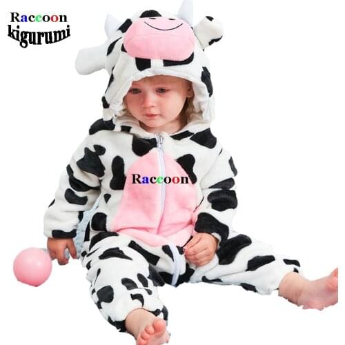 Lovely Newborn Baby Boy Clothing The Cow Flannel Onesie Winter Animal Thick Pajama Cosplay Costume Raccoon Kigurumi 0-2 Year