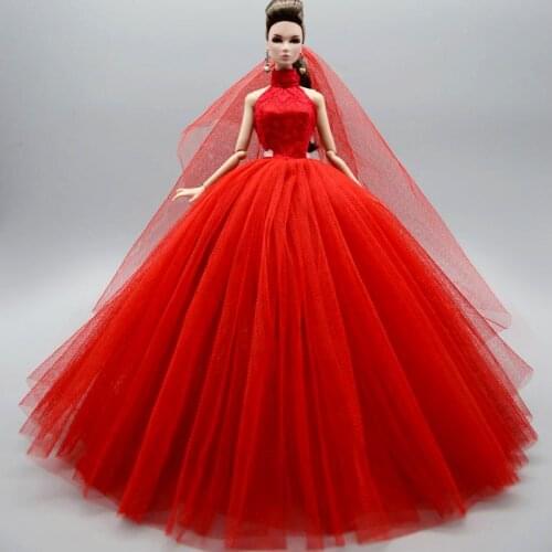 Red High Neck Fashion Wedding Dress For Barbie Doll Outfits Princess Evening Party Gown Long Dresses Doll Clothes & Veil
