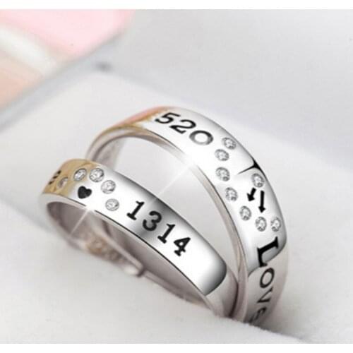 Trendy Silver-color Zircon Couple Rings for Lovers Ornaments Jewelry Accessories Fashion 520/1314 Open Engagement Wedding Band