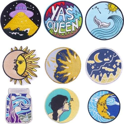 Pulaqi Moon/Outdoor Badge Patches Waves Embroidery Patch Clothing Stripe Applique Patch Iron On Patches On Clothes Sticker Diy