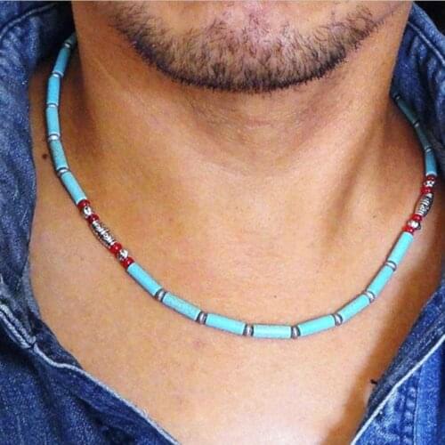Necklace for Men Teal Blue Magnesite Turquoise & Red Coral Mens Beaded Necklace