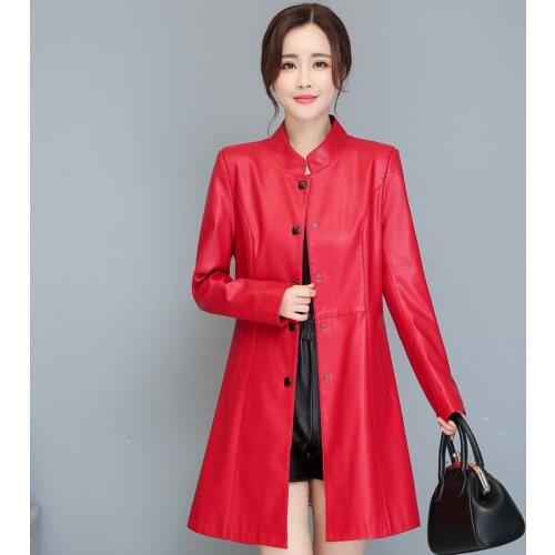 Plus Size Women Leather Trench Coat 2020 New Autumn Winter Single Breasted Faux Sheepskin Leather Coat Long Black Red Outwear