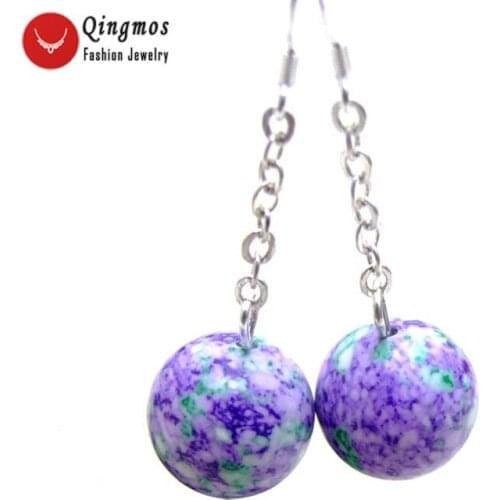 Qingmos Natural Agates Earrings for Women with 14mm Round Purple Multicolor Stripe Agates Hook Earrings Jewelry Ear330 Free Ship