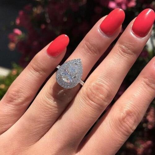 Real 925 Sterling Silver Drop Stone Rings for Women Eternal engagement Pear shaped cut Diamond Ring Finger Classic jewelry