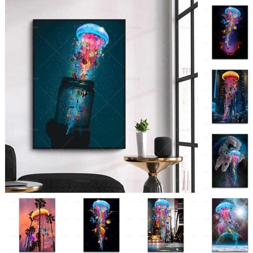 Nordic Abstract Graffiti Jellyfish A Jar Wall Art Canvas Painting Floating Jellyfish Prints Poster Modular Pictures Home Decor
