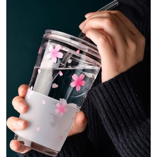 Cherry Blossom Travel Glass Coffee Mug Outdoor Heat-Resistant Scale Teacup With Non-Slip Cover Transparent Milk Breakfast Cup