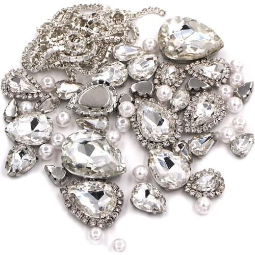 Teardrop Shape Clear White Mix Size Glass Crystal Stones Pearl Beads Cup Chain Rim Rhinestones For Clothing/Dress/Shoes