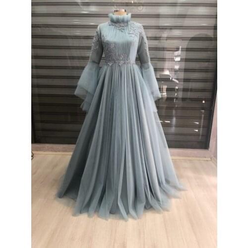 Tulle Appliques Long Sleeve Muslim Evening Dress 2021 High Neck A Line Arabic Dubai Formal Party Gowns Robe De Soire