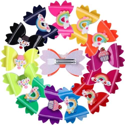XIMA 13pcs/lot PU Hair Bows with Rainbow Hair Clip 3inch Bows Hairpins Dance Party Hairclips Princess Hairgrips Hair Accessories