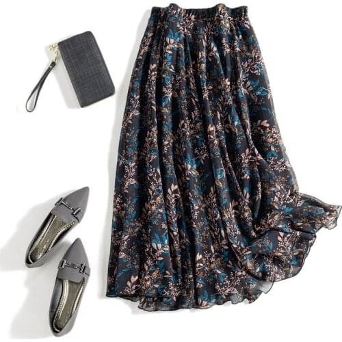 Summer Women Simple Elegant Loose Japan Style Floral Print Comfortable Silk Empire Elastic Waist A-line All-match Skirts